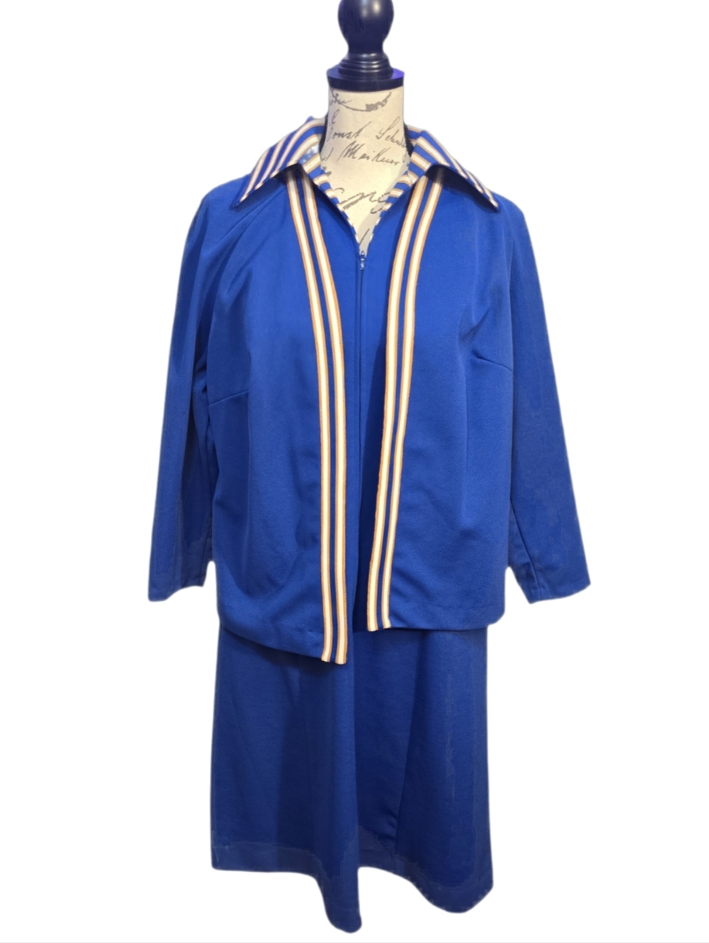 60s Lady Windsor Vintage Royal Blue Two-Piece Skirt Set with Striped Trim Sz XL